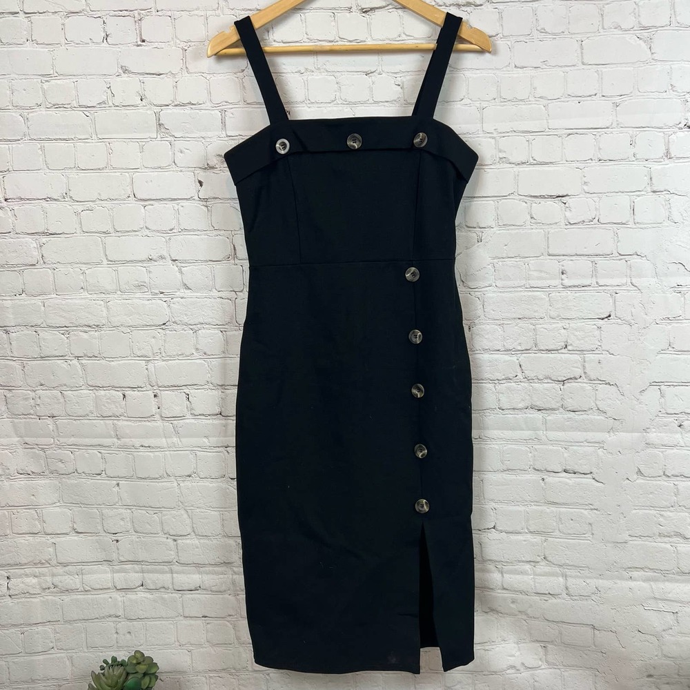 Stella Luce Little Black Dress Button Detail Midi Bodycon Square Neck L